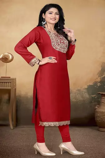 Maroon color vichitra silk blend round neck embroidered kurti