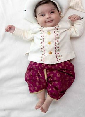 Cream embroidered cotton bandhgala set 1
