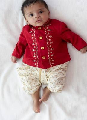 Red embroidered cotton bandhgala set 1