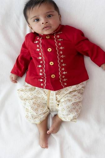 Red embroidered cotton bandhgala set