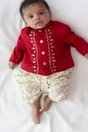 Red embroidered cotton bandhgala set