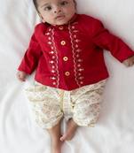 Red embroidered cotton bandhgala set