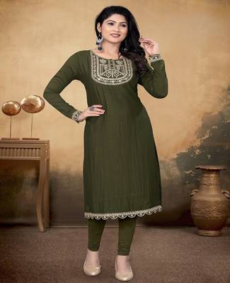 Mehandi green color vichitra silk blend round neck embroidered kurti 1