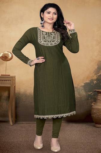 Mehandi green color vichitra silk blend round neck embroidered kurti