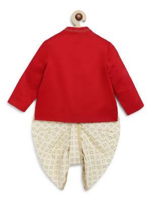 Red embroidered cotton bandhgala set 3