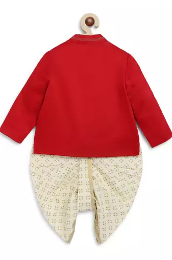 Red embroidered cotton bandhgala set