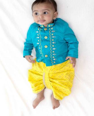 Blue embroidered cotton bandhgala set 1