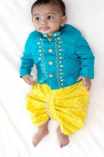 Blue embroidered cotton bandhgala set