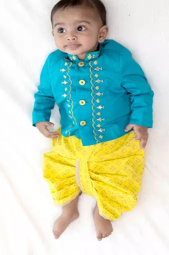 Blue embroidered cotton bandhgala set