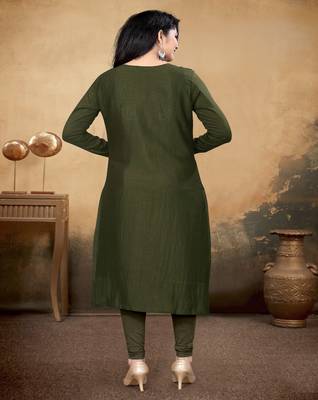 Mehandi green color vichitra silk blend round neck embroidered kurti 2