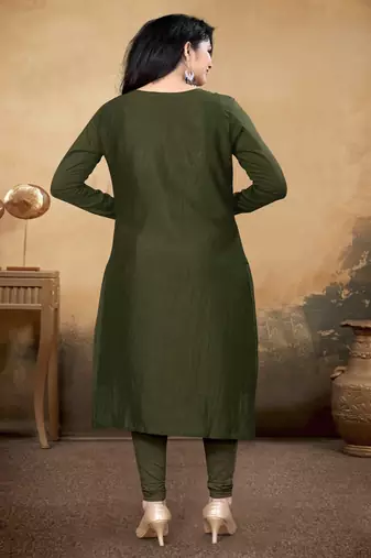 Mehandi green color vichitra silk blend round neck embroidered kurti
