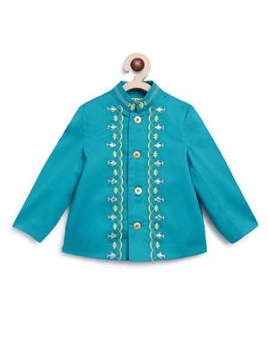 Blue embroidered cotton bandhgala set 2
