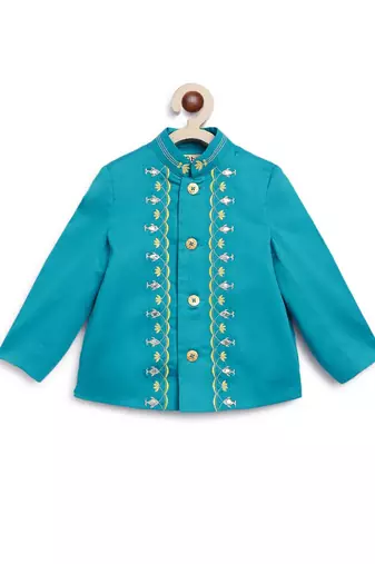 Blue embroidered cotton bandhgala set