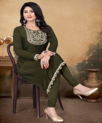 Mehandi green color vichitra silk blend round neck embroidered kurti 3