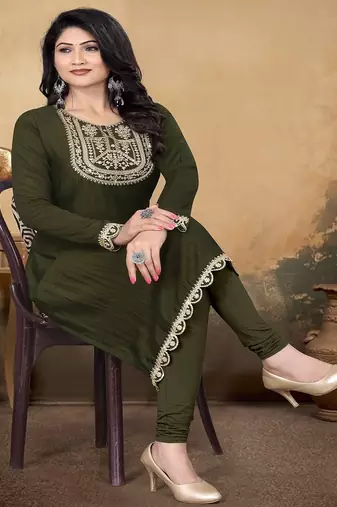 Mehandi green color vichitra silk blend round neck embroidered kurti