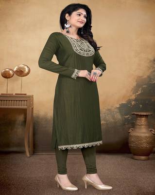 Mehandi green color vichitra silk blend round neck embroidered kurti 4