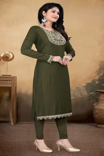 Mehandi green color vichitra silk blend round neck embroidered kurti