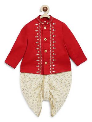 Red embroidered cotton bandhgala set 5