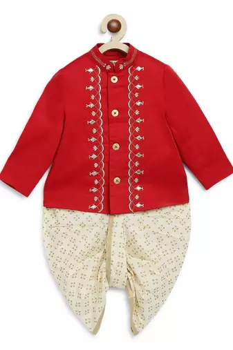 Red embroidered cotton bandhgala set