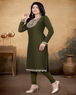 Mehandi green color vichitra silk blend round neck embroidered kurti 5