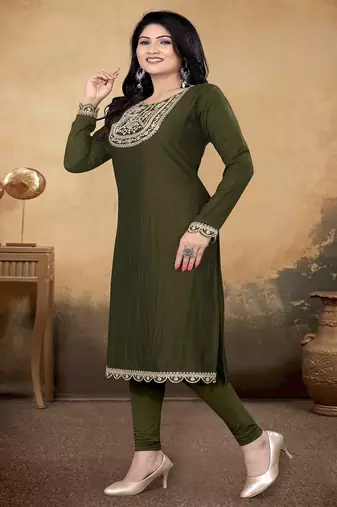 Mehandi green color vichitra silk blend round neck embroidered kurti