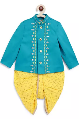 Blue embroidered cotton bandhgala set