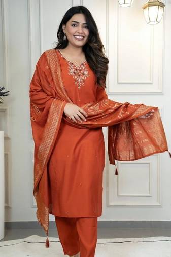 Rust Colour Premium Roman Silk Hand Work A Line Kurta Set