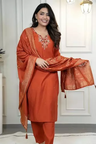 Rust Colour Premium Roman Silk Hand Work A Line Kurta Set