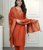 Rust Colour Premium Roman Silk Hand Work A Line Kurta Set