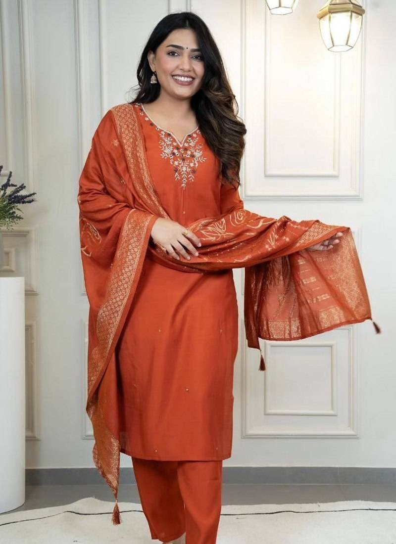 Rust Colour Premium Roman Silk Hand Work A Line Kurta Set