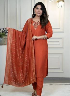 Rust Colour Premium Roman Silk Hand Work A Line Kurta Set 2