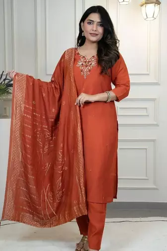 Rust Colour Premium Roman Silk Hand Work A Line Kurta Set