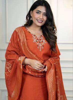 Rust Colour Premium Roman Silk Hand Work A Line Kurta Set 3