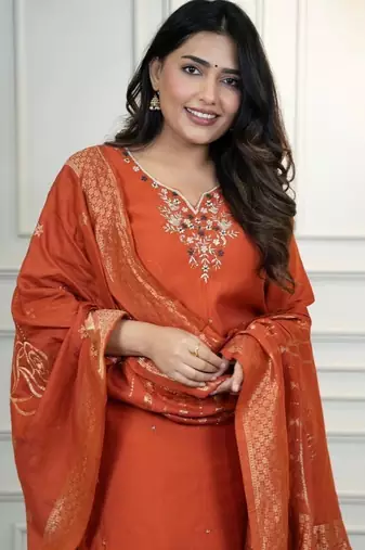 Rust Colour Premium Roman Silk Hand Work A Line Kurta Set