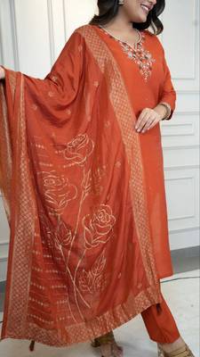Rust Colour Premium Roman Silk Hand Work A Line Kurta Set 4