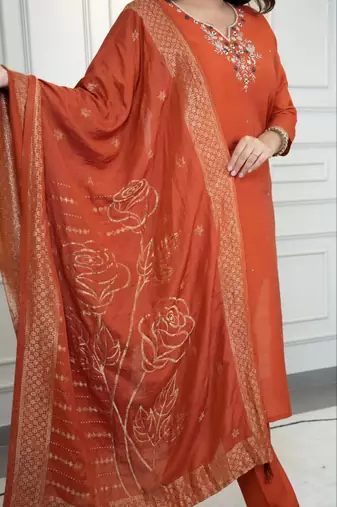 Rust Colour Premium Roman Silk Hand Work A Line Kurta Set