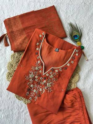 Rust Colour Premium Roman Silk Hand Work A Line Kurta Set 5