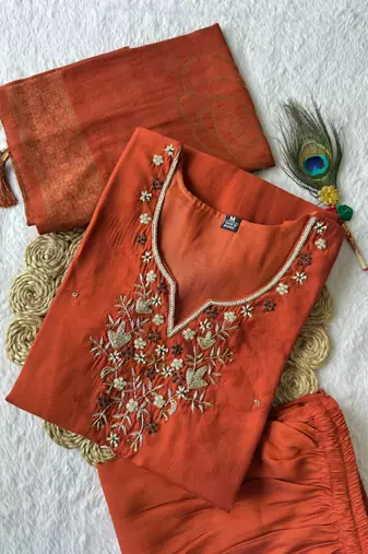 Rust Colour Premium Roman Silk Hand Work A Line Kurta Set