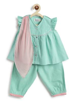 Green plain cotton kurta set 1