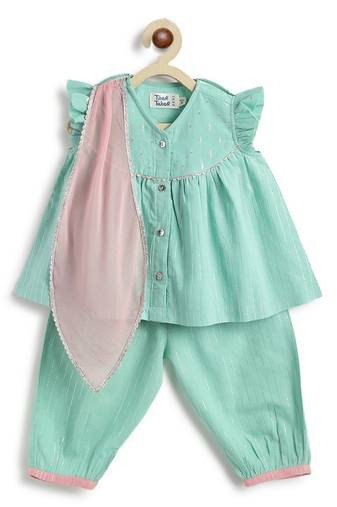 Green plain cotton kurta set