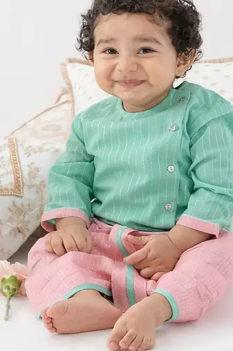 Green plain cotton kurta set