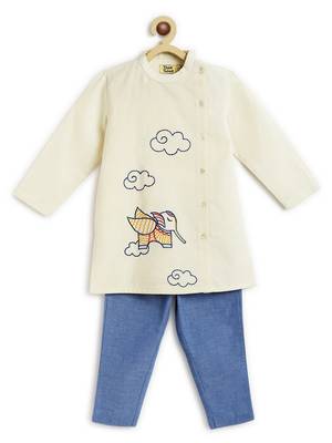 Cream printed cotton kurta set 1