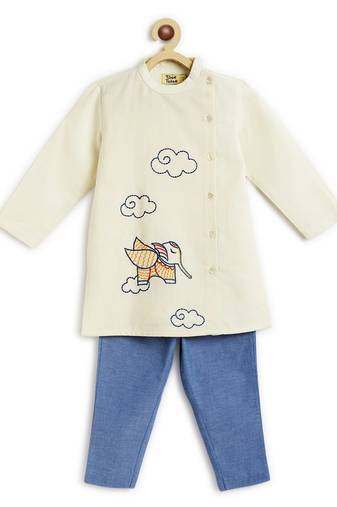 Cream printed cotton kurta set