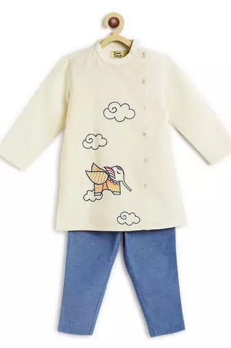 Cream printed cotton kurta set