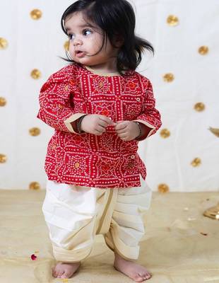 Red printed cotton kurta set 1