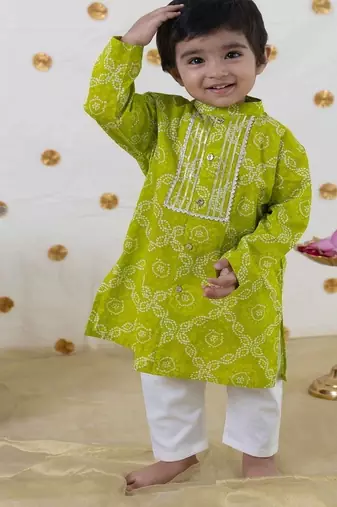 Green printed cotton kurta set