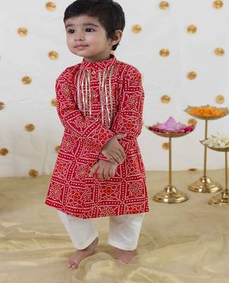 Red printed cotton kurta set 1