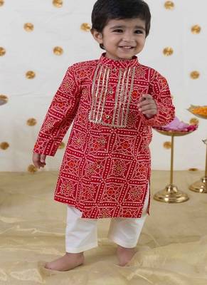 Red printed cotton kurta set 2