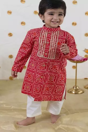 Red printed cotton kurta set