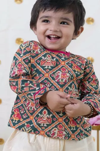 Green printed cotton kurta set